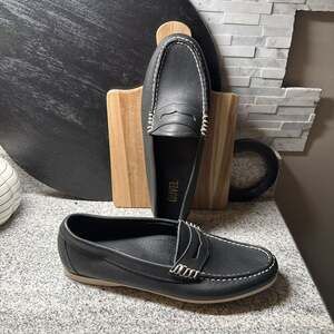 QUVEL Navy Leather Penny Loafers with White Stitching Womens